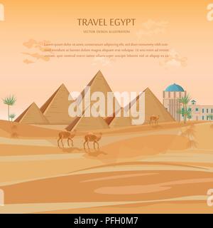 Ägypten Pyramiden Karte Hintergrund Vektor. Desert View mit Kamelen Abbildung Stock Vektor