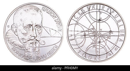 200 Kc Silber Gedenkmünze aus der Tschechischen Republik. 400. Jahrestag der Formulierung von der Kepler Gesetze der Planetenbewegung Stockfoto