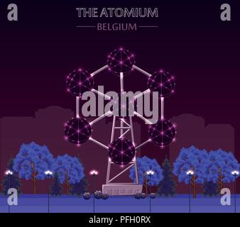 Das Atomium Wahrzeichen Gebäude in Brüssel bei Nacht Vector Illustration Stock Vektor