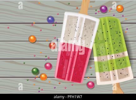 Tropic Eis mit Kiwi und Dragon Fruchtaromen. Vektor realistische Dessert Top View. Holz- Textur Hintergrund. Menü Vorlage banner Poster Stock Vektor