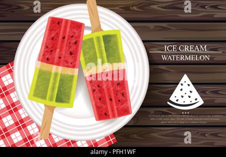 Wassermelone Eis auf weiße Platte Vektor realistisch. Produkt Verpackung mock up. Menü dessert Design Template Stock Vektor