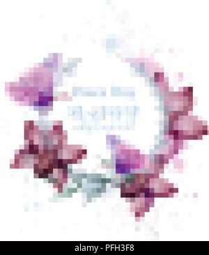Orchidee Blumen und Schmetterlingen aquarell Karte Vektor. Vintage Hintergrund mit Farbe spritzt. Trendy ultra violette Farbe Stock Vektor