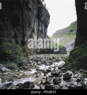 Grossbritannien, England, Yorkshire, eine tiefe Schlucht mit steilen Kalksteinfelsen, genannt Gordale Scar bewacht. Tröpfelnden sream führt durch eine Reihe von gebrochene Felsen, dunkle schwere Felswände umrahmen das Bild. Stockfoto