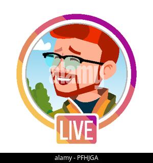 Geschichten Vektor. Mann Streamer. Live Video Streaming. Online Streaming Video. Social Media Konzept. Anwendung Mobile Interface. Symbol oder Avatar. Benutzer Streamer. Flache Cartoon Illustration Stock Vektor