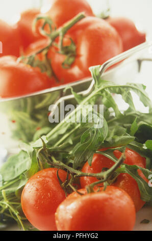 Stiele rote Tomaten in und vor einem Metall collander, aus der Nähe. Stockfoto