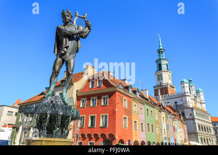 Posen - Brunnen mit Statue des Apollo in Old Town Square. Im Hintergrund historische Häuser und die Town Hall. Stockfoto