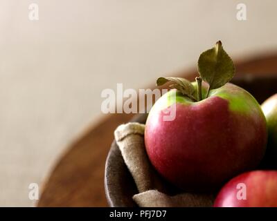Rote und grüne Äpfel mit Blättern, in Houten, close-up Stockfoto