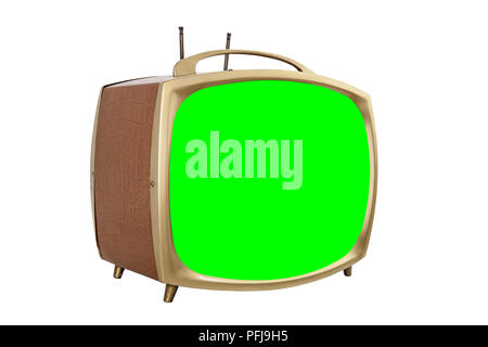 Retro 1950s tragbarer Fernseher mit Chroma Key Green Screen. Stockfoto