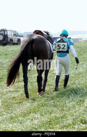 Frau reiten Outfit mit der Nummer auf der Rückseite, Pferd, Rückansicht Stockfoto