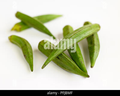 Okra (Abelmoschus esculentus) Frische grüne Früchte, close-up Stockfoto