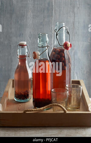 Drei Flaschen hausgemachte Sloe Gin und zwei Gläser auf einer hölzernen Fach Stockfoto