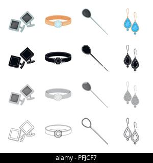 Accessoires Manschettenknöpfe, ring mit einem Stein, Haarspange, Ohrringe. Accessoires und Schmuck Set Sammlung Icons in Cartoon schwarz monochrome outline Style Stock Vektor