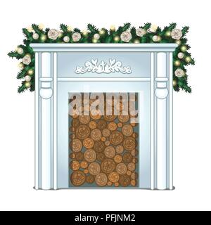 Ein Stapel von Holz in der falschen Kamin ohne Feuer auf weißem Hintergrund. Ideen festlichen Innenraum. Attribute von Silvester und Weihnachten. Vector Illustration close-up. Stock Vektor