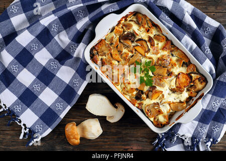 Köstliche würziger Eintopf mit Pilzen und saurer Sahne Sauce Auflaufform auf alten Brettern mit Küchentuch und frischen, rohen Steinpilzen auf Bac Stockfoto