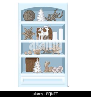 Weißes Gestell mit Regalen, mit schönen festlichen Figuren, auf weißem Hintergrund gefüllt. Cartoon handgefertigte Spielzeuge. Ideen festlichen Innenraum. Attribute von Silvester und Weihnachten. Vektor close-up. Stock Vektor