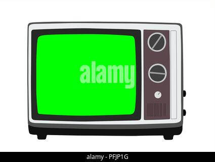 Jahrgang 1970 s tragbare Fernseher Vector Illustration mit Chroma Key Green Screen. Stock Vektor