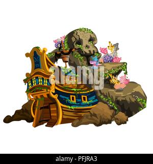 Das versunkene Piratenschiff überwachsen Korallenpolypen. Stadium des Wachstums und die Bildung von Korallenriffen auf weißem Hintergrund. Rock mit der Form des Kopfes. Vector Illustration close-up. Stock Vektor