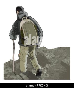 Digitale Illustration des Menschen leicht nach hinten lehnen und mit Stick, als er Wanderungen Hügel Tragen von schweren Rucksack Stockfoto