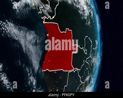 Angola aus dem Weltraum auf dem Planeten Erde bei Nacht mit sichtbaren Grenzen. 3D-Darstellung. Elemente dieses Bild von der NASA eingerichtet. Stockfoto