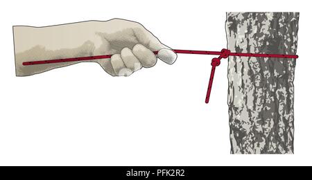 Digitale Illustration von Hand Ziehen am Seil zu Baumstamm gebunden zwei overhand Knoten miteinander zu verriegeln Stockfoto