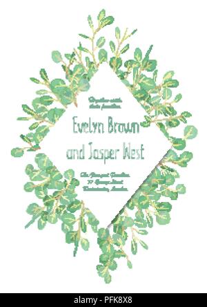 Hochzeit Einladung, Grußkarte, Banner, Zertifikat, das Label mit grünen Eukalyptus Blätter und Zweige in Diamant Rahmen auf weißem Hintergrund. Stock Vektor