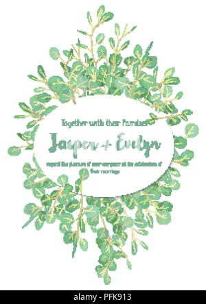 Festliche Ovaler Rahmen, Einladung Hochzeit, Grußkarte, Banner, Zertifikat mit grünen Eukalyptus Blätter und Zweige auf weißem Hintergrund. Vec Stock Vektor