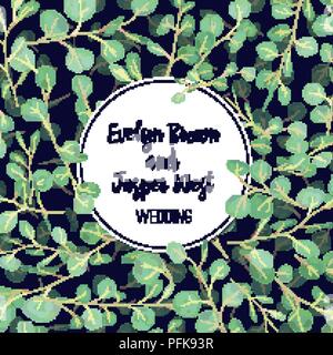 Hochzeit Einladung, Speichern und Datum, Banner, Aufkleber mit Aquarell grün Eukalyptus Blätter und Zweige auf schwarzem Hintergrund in einem runden Rahmen. Vektor Stock Vektor