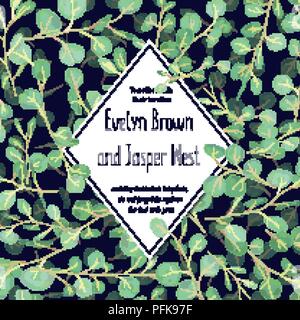Zertifikat, Einladung Hochzeit, Banner mit grünen Eukalyptus Blätter und Zweige auf schwarzem Hintergrund in einem rautenförmigen Rahmen. Aquarell Vektor Stock Vektor