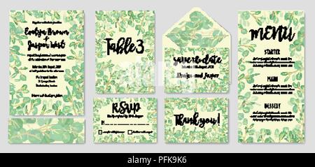 Set kreativer botanischen Vektor Karten mit Eukalyptus. Wald laden Design für Broschüre, Plakat, Flyer. Vorlage für die Hochzeit Einladung, Rsvp, Menü, Stock Vektor