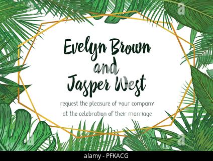 Hochzeit Einladung, floral Karte mit grünen tropischen Wald Palmenblättern, Wald, Farn grün einfaches Design einladen, geometrische goldene Grenze hexago Stock Vektor