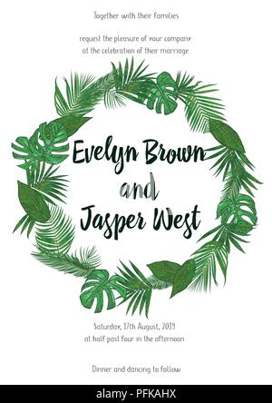 Hochzeit Einladung Karte laden, floral Design mit grünen tropischen Wald Palmenblättern, Wald, Farn grün Einfache, runde Rand drucken. Vektor ausschneiden Stock Vektor