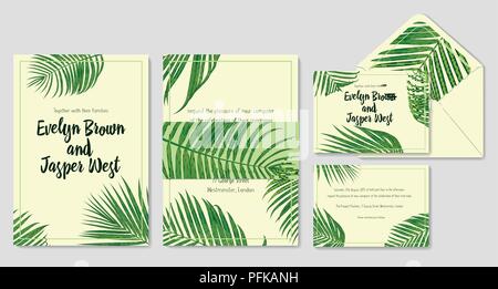 Hochzeit einladen, Umschlag, Rsvp, Label das Datum Grußkarten-Set speichern. Design mit grünen areca Palm Blätter in einem rustikalen Stil & grünen Rahmen. Vektor cu Stock Vektor