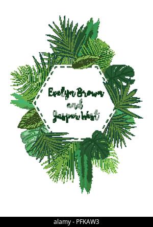 Hochzeit Einladung Karte laden, floral Design mit grünen tropischen Wald Palmenblättern, Wald, Farn Grün in eine schöne hexagonale Frame einfach. Stock Vektor