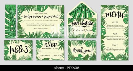 Vorlage Karten mit Aquarell verschiedene Palm Blätter; Hochzeit Design für Einladung, Rsvp, Menü, Tabelle Anzahl Danke, Datum speichern Gästekarte & Stock Vektor