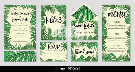 Vorlage Karten mit Aquarell verschiedene Palm Blätter; Hochzeit Design für Einladung, Rsvp, Menü, Tabelle Anzahl Danke, Datum speichern Gästekarte & Stock Vektor
