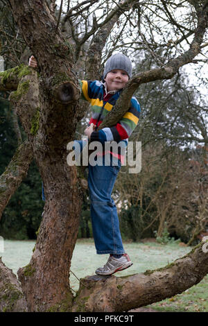 Junge in warme Kleidung klettern Baum im Garten, Vorderansicht Stockfoto