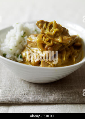 Schüssel mit Chicken Tikka Masala, Chicken Curry mit Zwiebeln und Reis, close-up Stockfoto