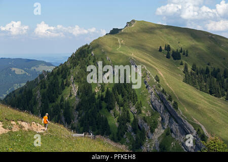 Wandern entlang der Nagelfluhkette zwischen Hochgrat Gipfel zu Rindalphorn, in der Nähe von Steibis, Allgäu, Bayern, Deutschland Stockfoto