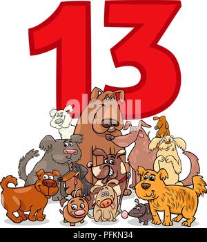 Cartoon Illustration der Zahl Dreizehn und Hund Zeichen Gruppe Stock Vektor