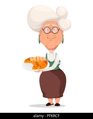 Großmutter Brillen tragen. Silber behaarte Oma. Zeichentrickfigur Halteplatte mit Croissants. Vector Illustration auf weißem Hintergrund. Stock Vektor