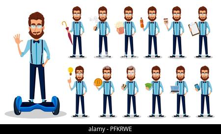 Junge Bartgeier hipster Mann in Gläser. Stattliche Zeichentrickfigur, Set 13 Posen. Vector Illustration auf weißem Hintergrund. Stock Vektor