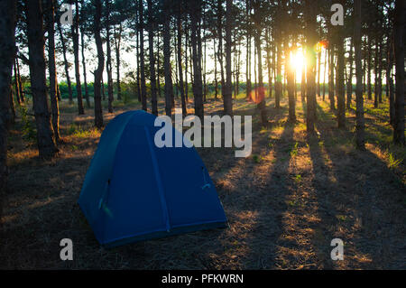 Camping Zelt im Wald bei Sonnenuntergang Stockfoto