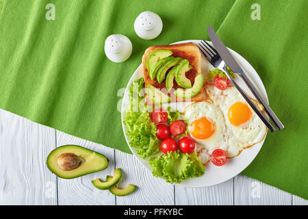 Englisches Frühstück - Spiegeleier, frische Salate, Toasts mit Hefe ausbreiten und in Scheiben geschnittenen Avocado auf einem weißen Teller auf einen textilen Tabelle Matte, horizontale Ansicht aus Stockfoto