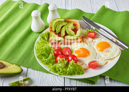 Leckeres Frühstück - Spiegeleier, frischen Salat, Toast mit Hefe ausbreiten und in Scheiben geschnittenen Avocado auf einem weißen Teller auf einen textilen Tabelle Matte, horizontale Ansicht von ab Stockfoto