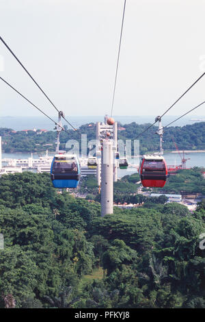 Singapur, Mount Faber, Seilbahnen Verknüpfung Mount Faber nach Sentosa, blaue und rote Autos mit Passagieren im Vordergrund, Bäume, Meer im Hintergrund. Stockfoto