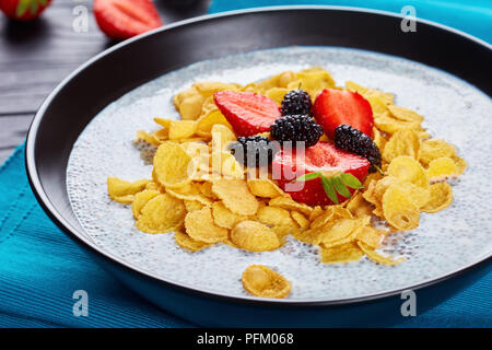Köstliche superfood - ein Teil von Chia Samen mit Milch und Cornflakes garniert mit frischen Erdbeeren, und Maulbeeren in einer Schüssel auf textile m Stockfoto