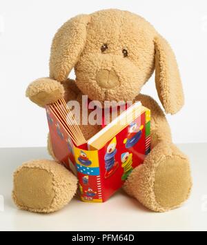 Plüschtier Hund ein Buch lesen Stockfoto