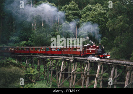 Die berühmten Dampfeisenbahn 'Puffing Billy', voller Menschen, die den Weg durch die Dandenong Ranges, Eastern Victoria. Stockfoto