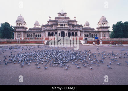 Indien, Jaipur, indo-sarazenischen Stil Regierung Zentrale Museum, auch bekannt als Albert Hall, Tauben füttern im Vordergrund Stockfoto