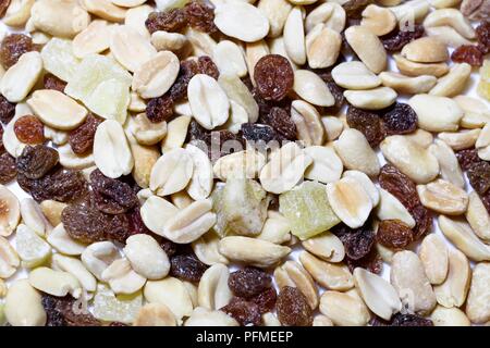 Auf einem weißen Hintergrund isoliert liegt eine Mischung aus Nüssen und Früchten. Die Mischung besteht aus Erdnüssen, kandierte Früchte, Rosinen und getrocknete Bananen. Stockfoto